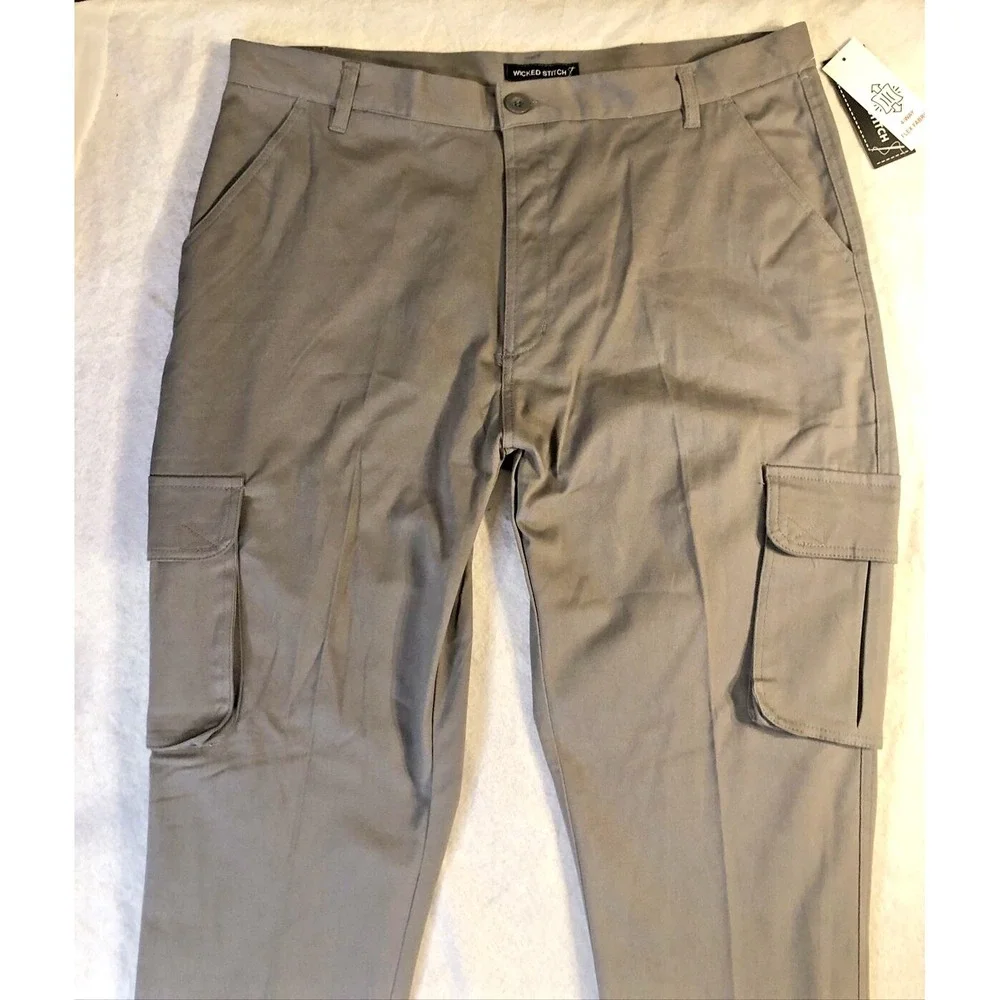 Wicked Stitch Men's 38 4 Way Flex Cargo Work‎ Active Pants Grey Flat Front NEW